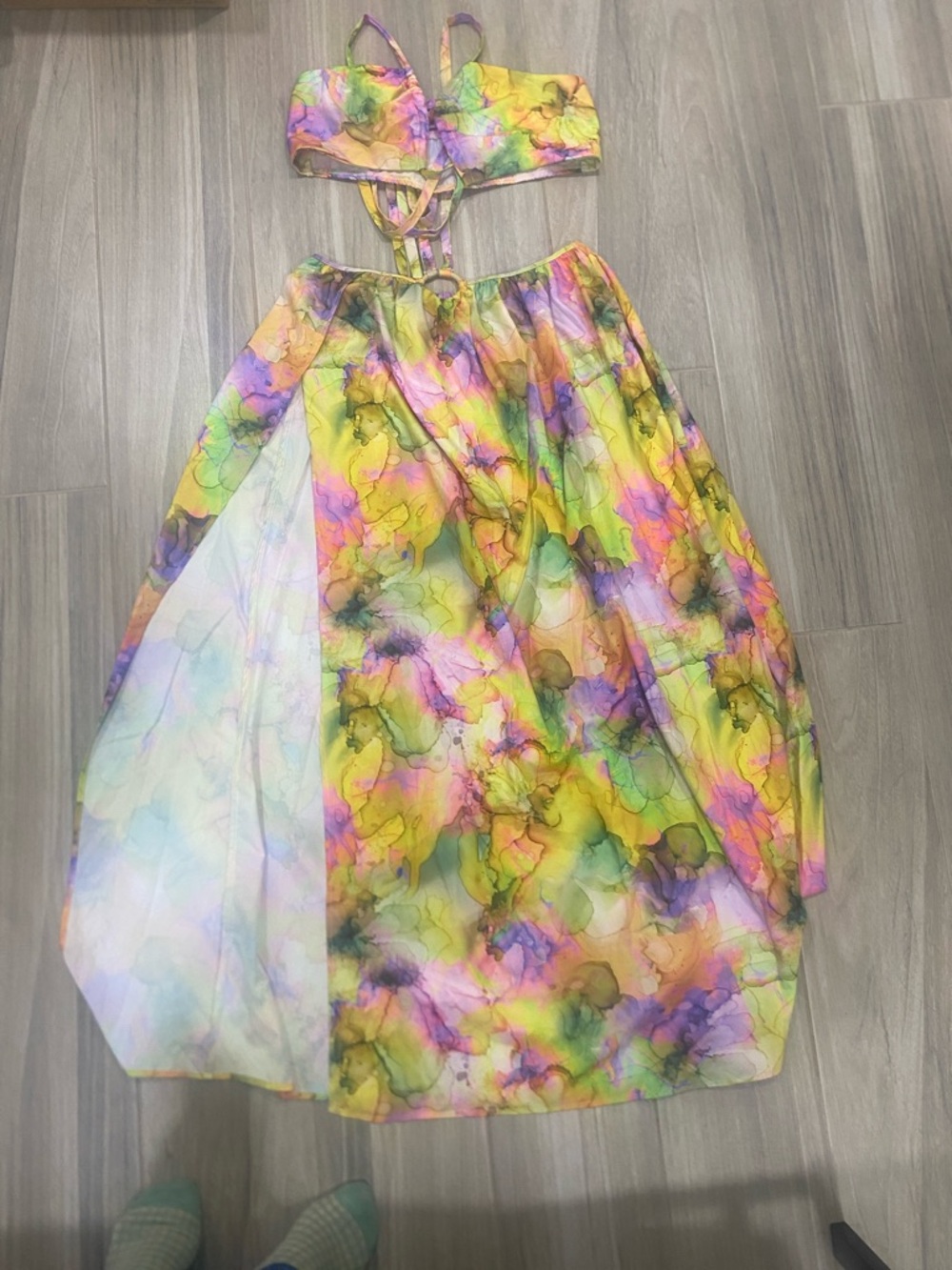 SHEIN Yellow Pink Green Watercolor Two-Piece Skirt Set